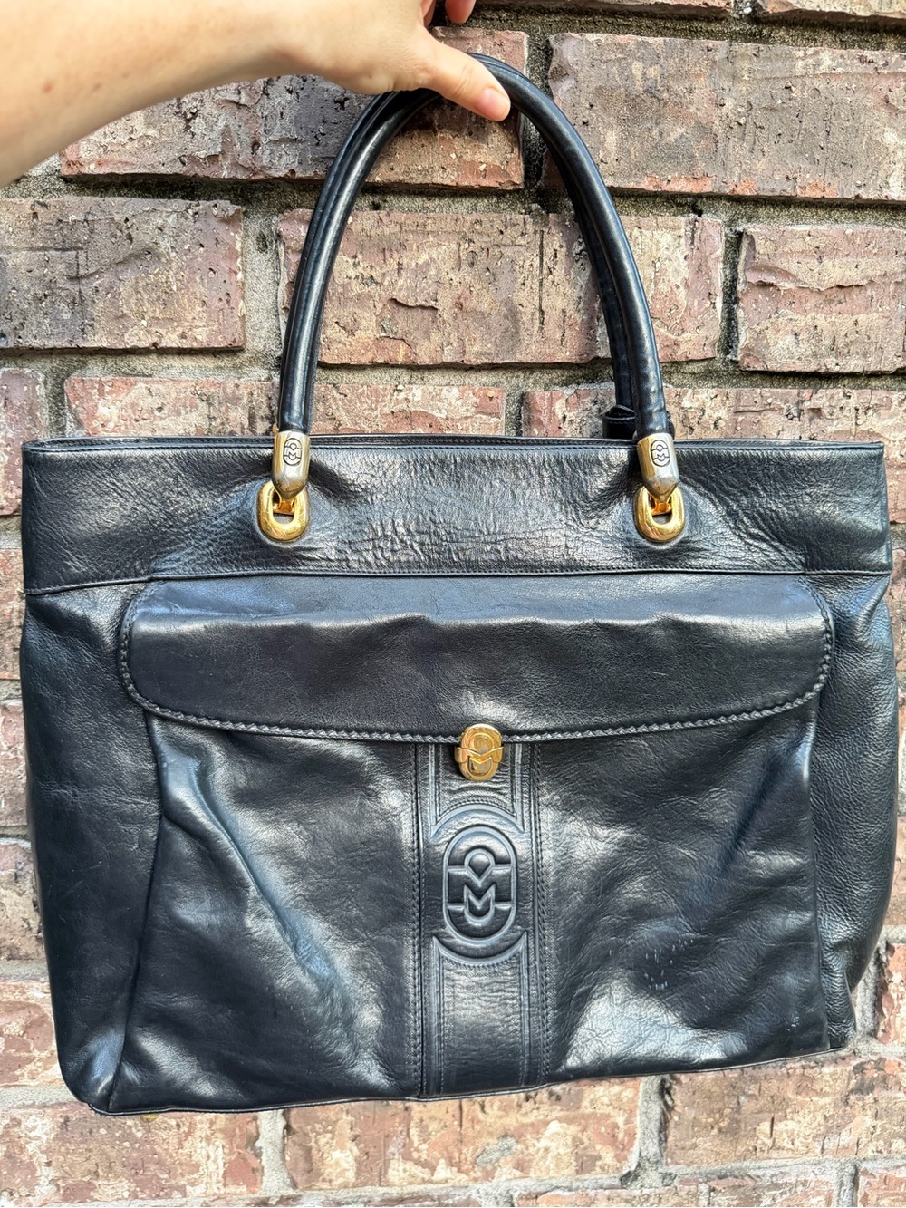 Vintage Marino Orlandi Black Leather Tote Bag Made in Italy Large Handbag